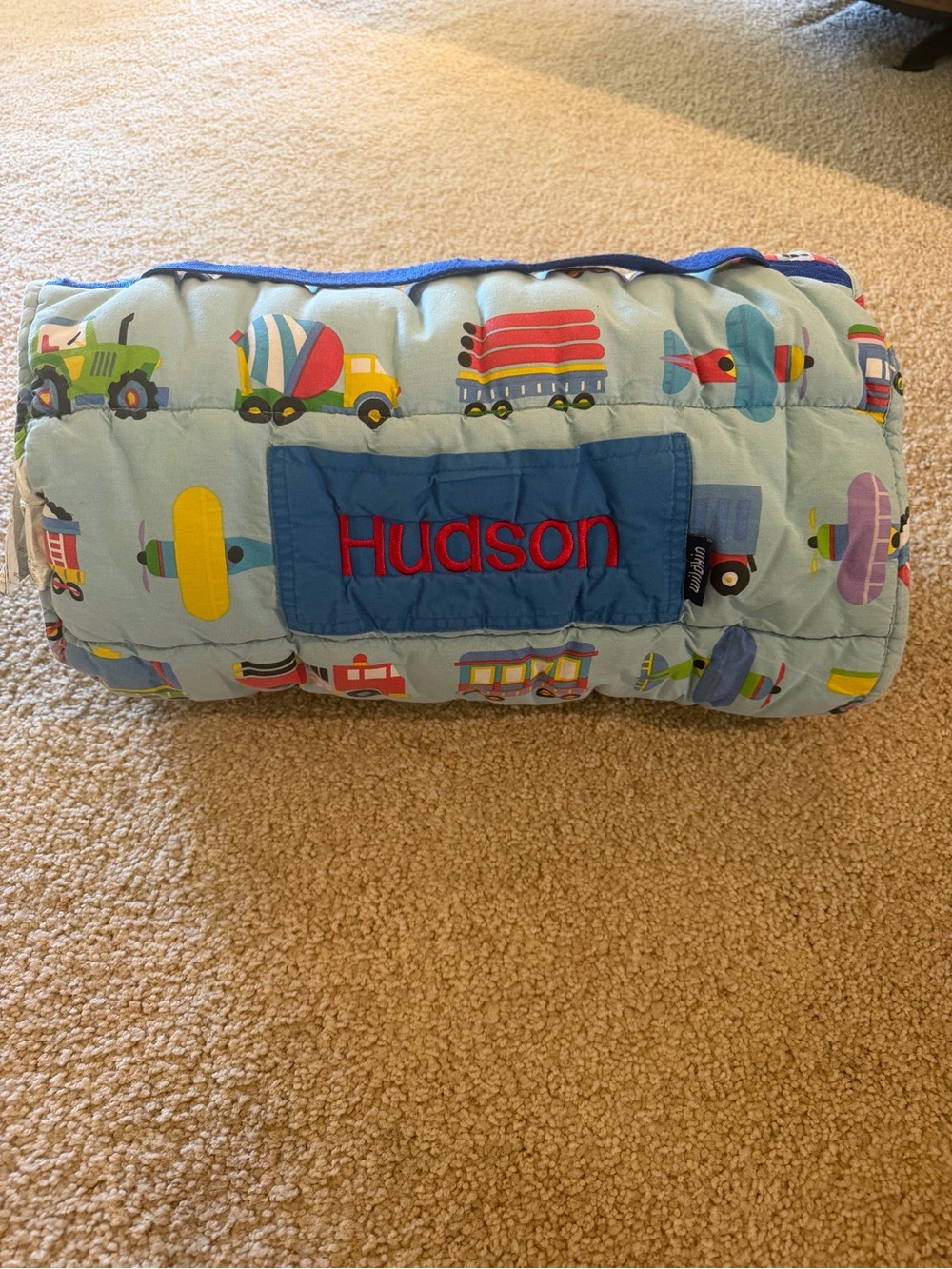 Personalized 'Hudson' Quilted Nap Mat - Light Blue with Colorful Vehicles